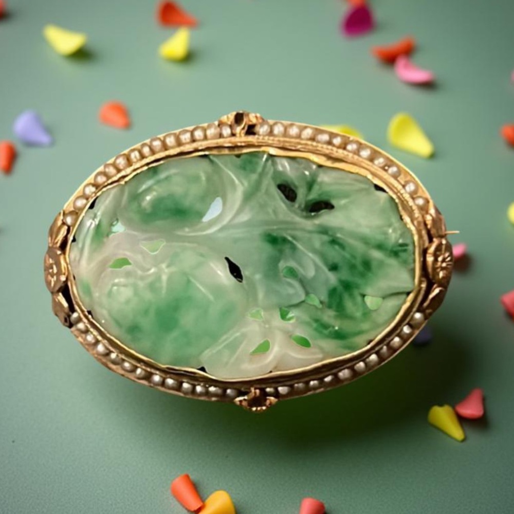 Antique Art Deco Gold Apple Jade Floral Cherry Blossom Pearl Lined Cameo Brooch - Picture 13 of 16